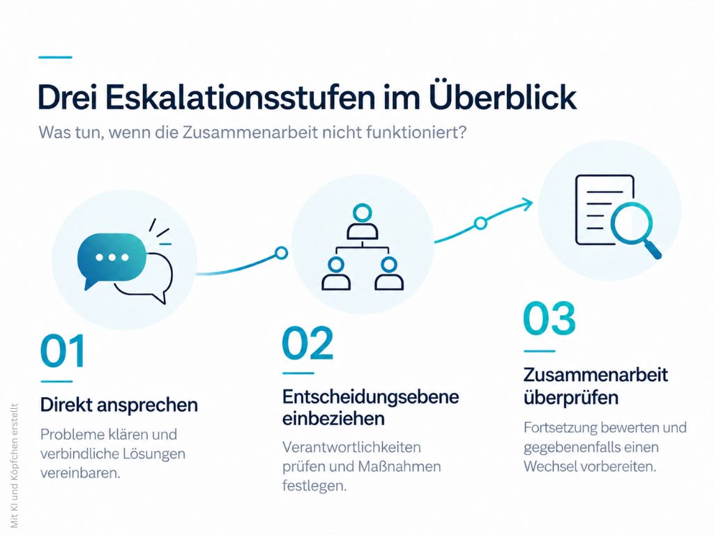 Drei Eskalationsstufen bei Problemen mit Dienstleistern: 1. Probleme direkt ansprechen, 2. Entscheidungsebene einbeziehen und Maßnahmen festlegen, 3. Zusammenarbeit überprüfen und gegebenenfalls einen Wechsel vorbereiten.